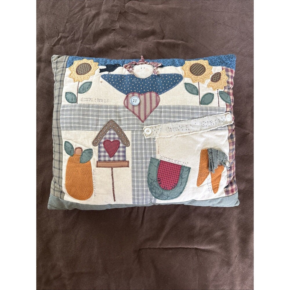 Vtg Primitive Country Appliqué Throw Pillow Folk Art Patchwork Garden